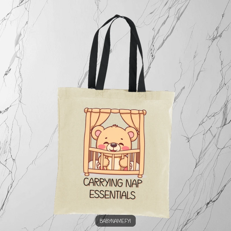Funny giggling teddy bear peeking from a crib, illustrated on a durable tote bag, perfect for carrying baby essentials with humor.