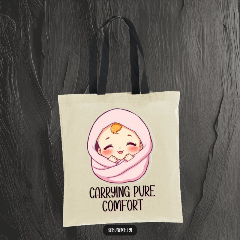 Funny tote bag with a content baby wrapped in a soft blanket, smiling. Practical and heartwarming accessory.