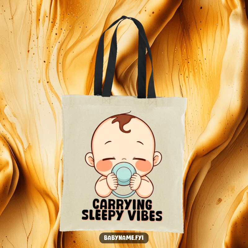 Funny tote bag featuring a sleepy baby with rosy cheeks holding a pacifier, perfect for carrying baby essentials.