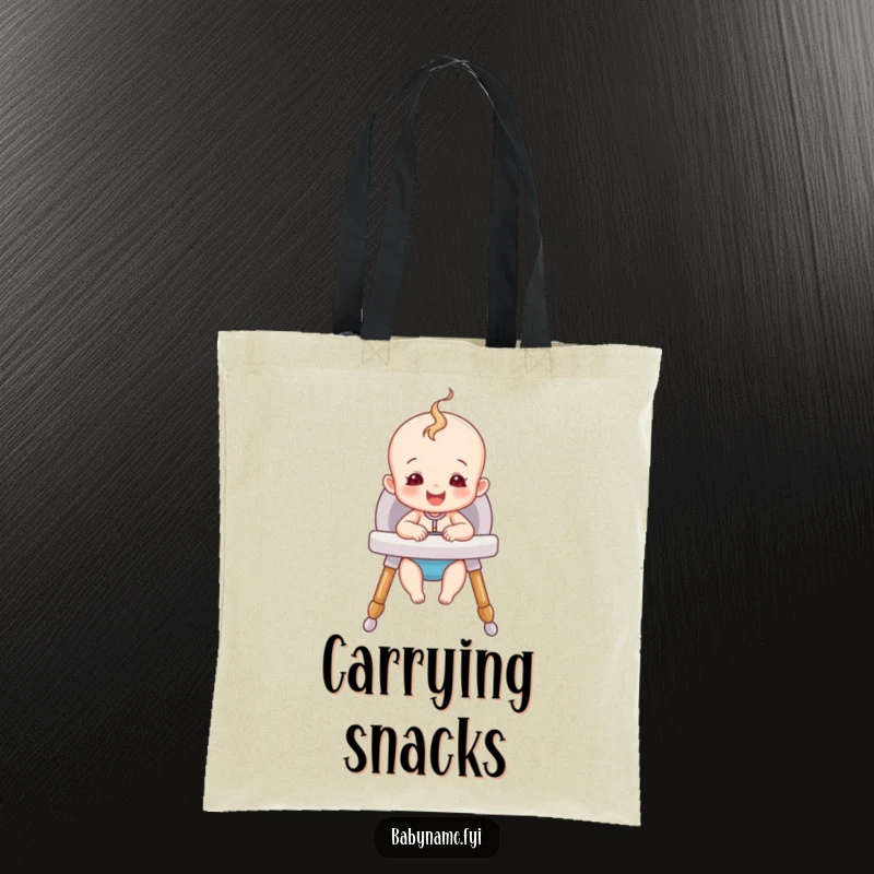 Funny Happy Baby Tote Bag featuring a cute baby sitting happily in a cozy high chair, perfect for carrying essentials with humor.
