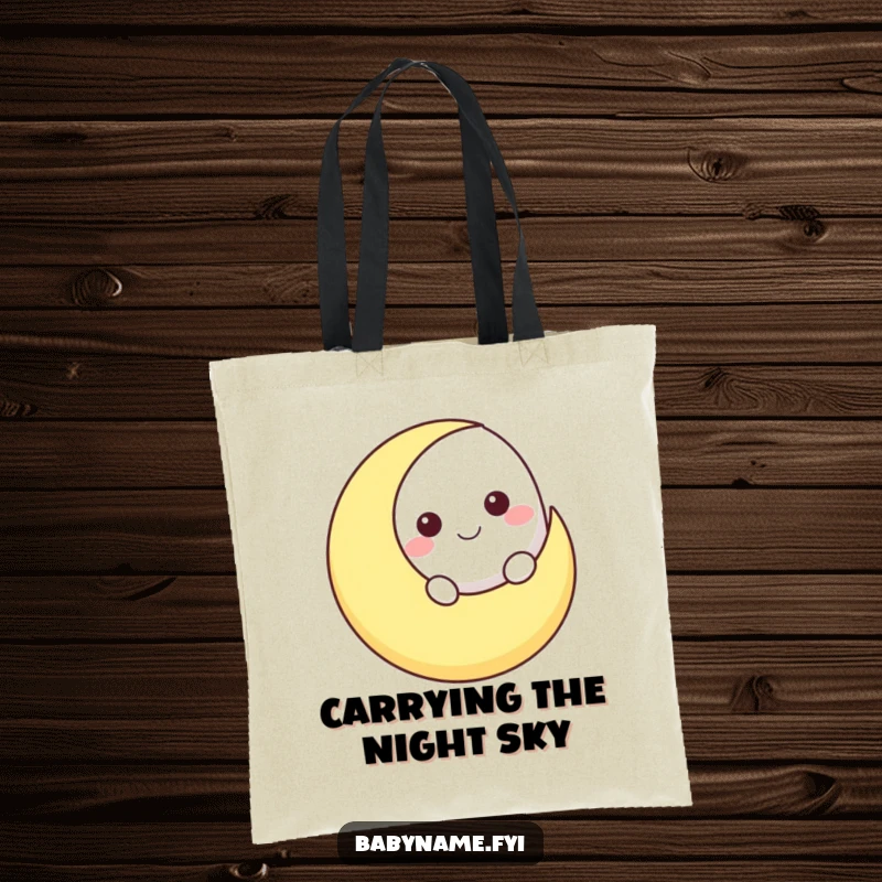 Funny smiling moon character peeking over a crescent moon shape, showcased on a durable and humorous celestial tote bag.