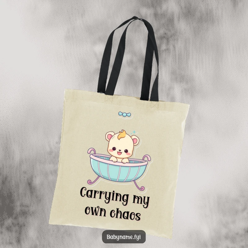 Funny baby animal character caught mid-bounce within a cradle, radiating pure joy, durable funny tote bag.