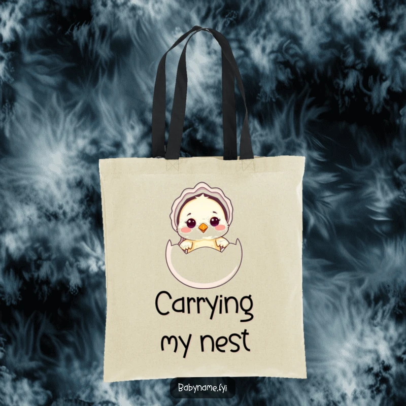 Funny Baby Bird Tote Bag with a cute baby bird in a bonnet peeking from an egg, ideal for carrying essentials humorously.