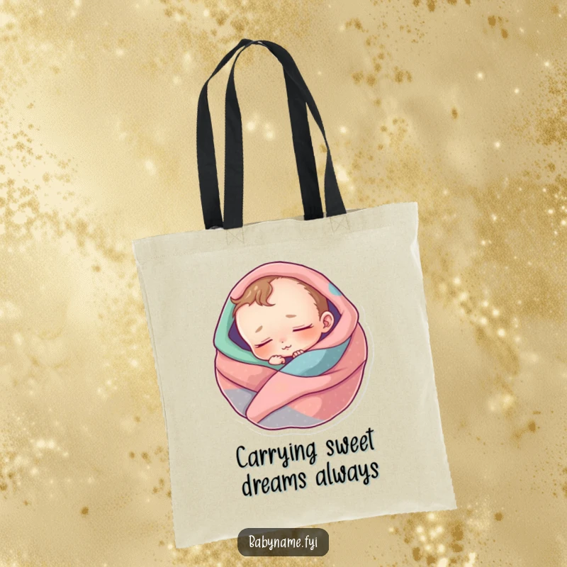 Funny tote bag with a sleeping baby character nestled securely in a warm, colorful blanket, ready for adventure.