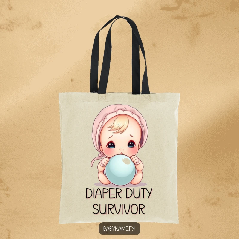 Funny baby peeking from behind a bonnet over a rattle, a stylish and funny tote bag.
