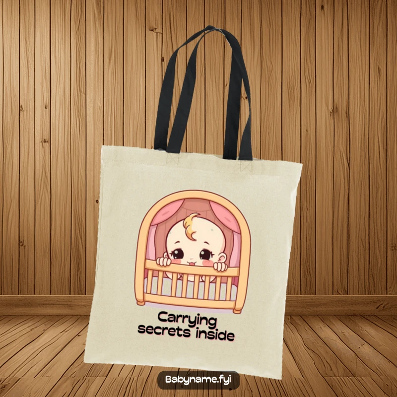 Funny tote bag with a mischievous baby character peeking from a crib. Practical and amusing accessory.