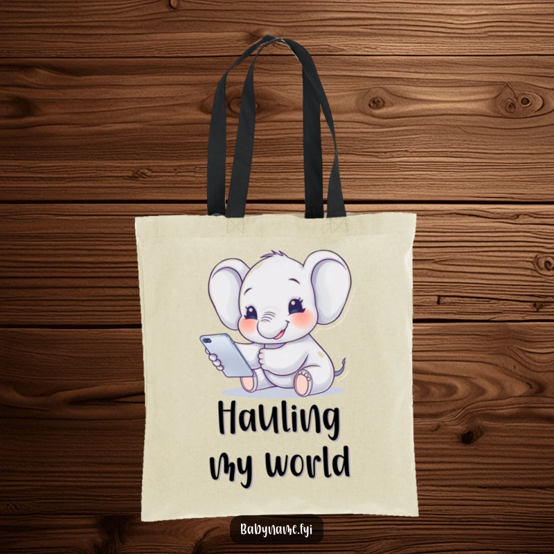 Funny Tote Bag featuring a smiling baby elephant reaching for a mobile, a charming and practical accessory for any animal lover.