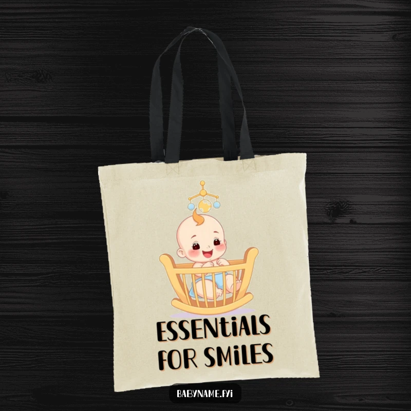 Funny tote bag with a smiling baby reaching for a colorful mobile above a crib, ideal for carrying baby items.