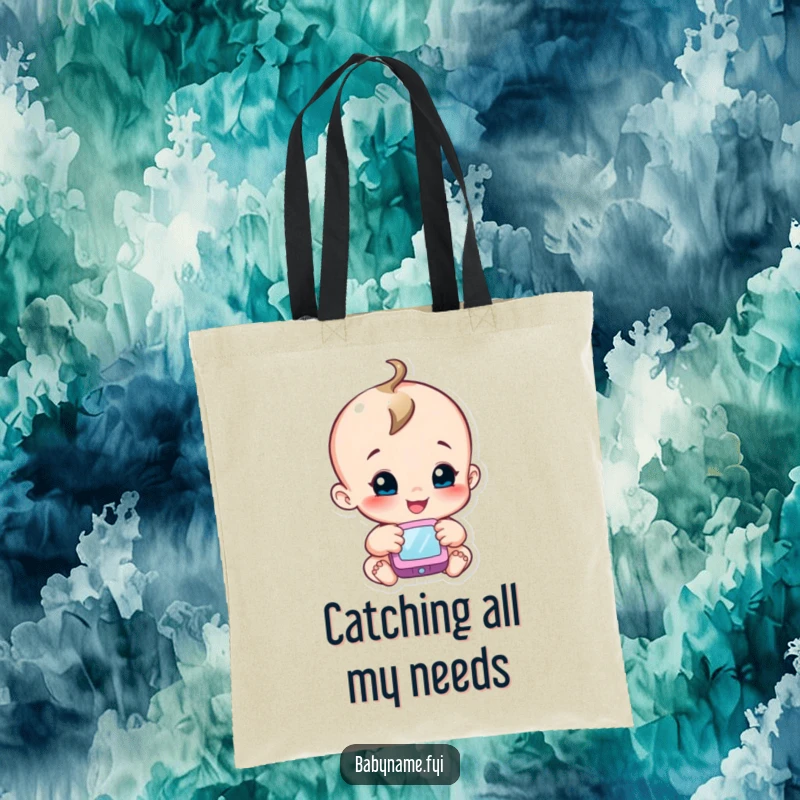 Funny tote bag with a smiling baby character reaching towards a soft mobile, representing curiosity and discovery.