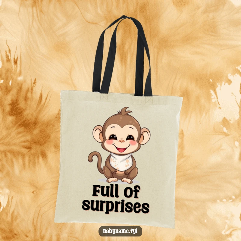 Funny smiling baby monkey wearing a bib, delightfully splattered with playful smudges, full of happy energy on this tote bag.