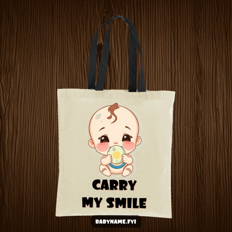 Funny baby pacifier tote bag, a durable bag with a design of a giggling baby character holding a pacifier with a wide smile.