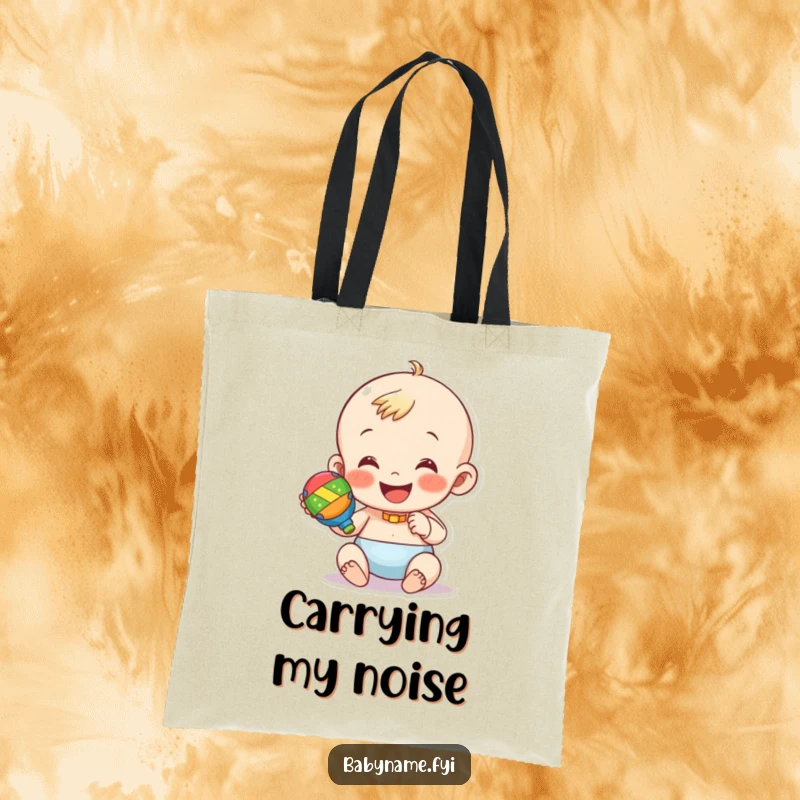 Funny tote bag featuring a happy baby character shaking a colorful rattle. Practical and amusing accessory.