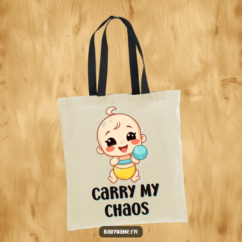 Funny baby rattle tote bag with a smiling rattle energetically shaking, a practical and humorous accessory for carrying life's essentials.