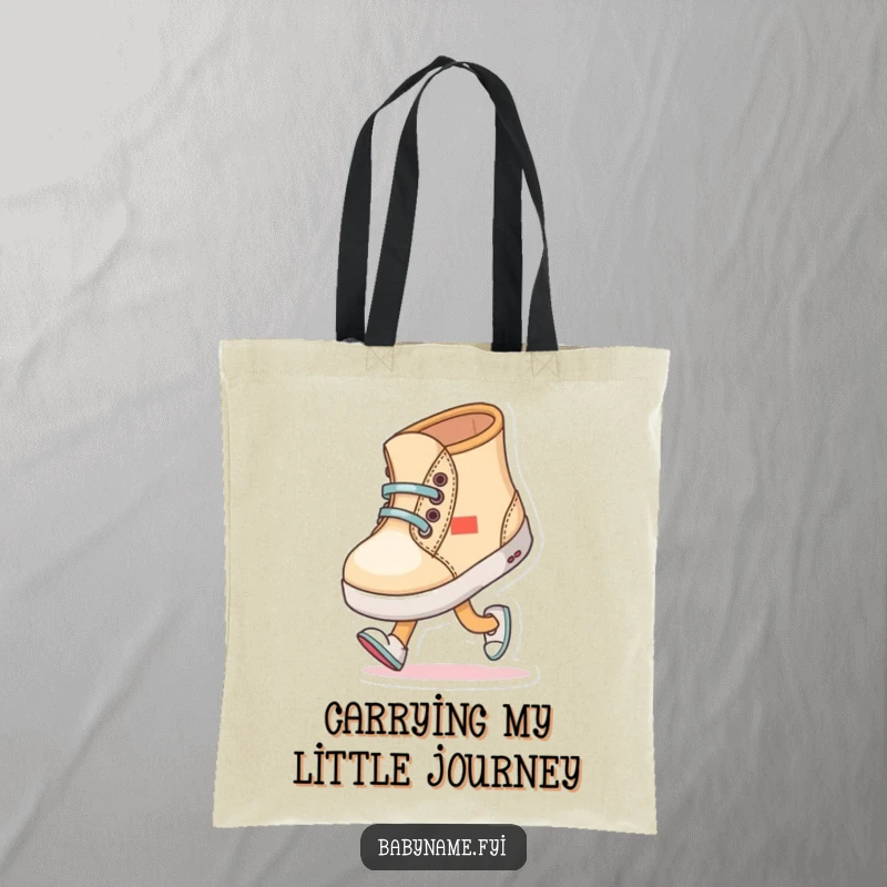 Funny baby shoe character comically trying to walk with wobbly steps, showcased on a durable and humorous tote bag.