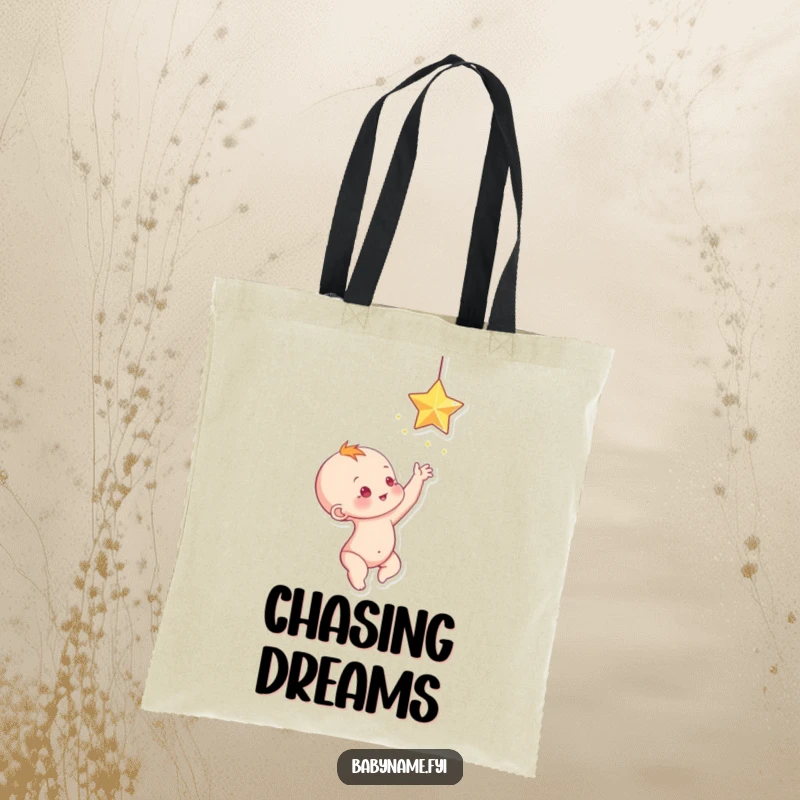 Funny baby reaching for a dangling, sparkling star, a stylish and funny tote bag.