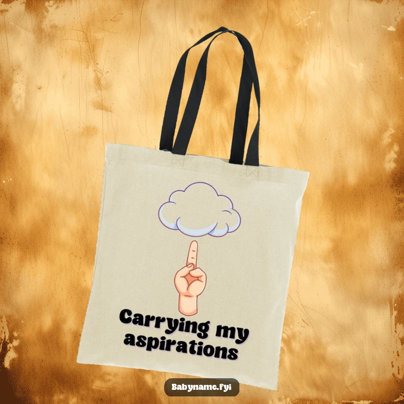 Funny tote bag with a tiny hand reaching for a fluffy cloud, symbolizing ambition and a lighthearted spirit.