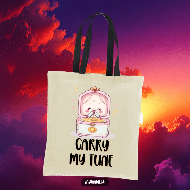 Funny tote bag featuring a cheerful lullaby music box playing merrily, perfect for carrying essentials with a touch of melody.