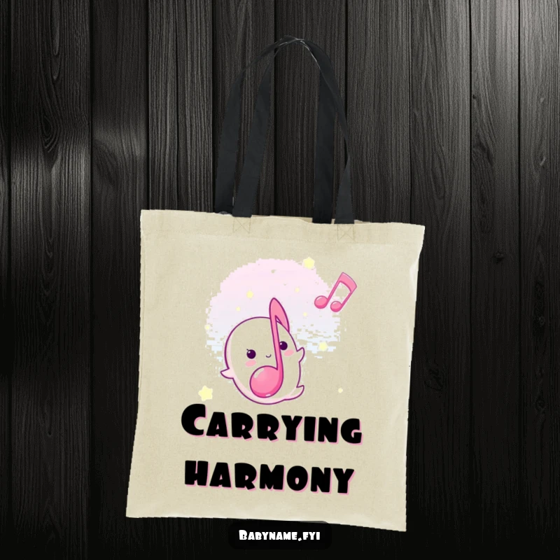 Funny lullaby musical note tote bag, depicted floating gently upward, carrying sweet melodies with joy.