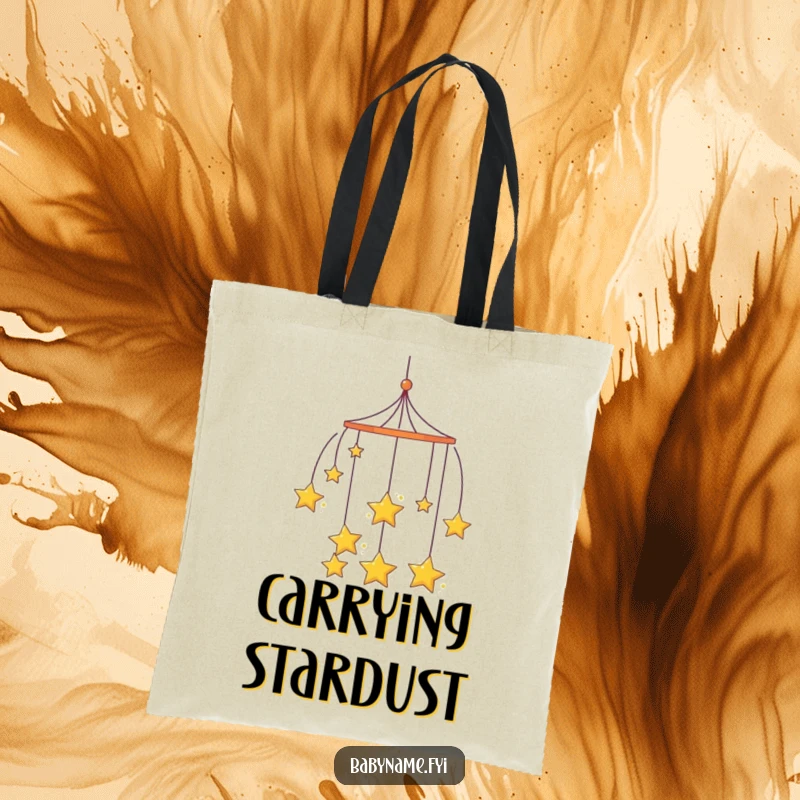 Funny curious mobile tote bag, with hanging stars spinning slowly, a charming accessory for explorers.