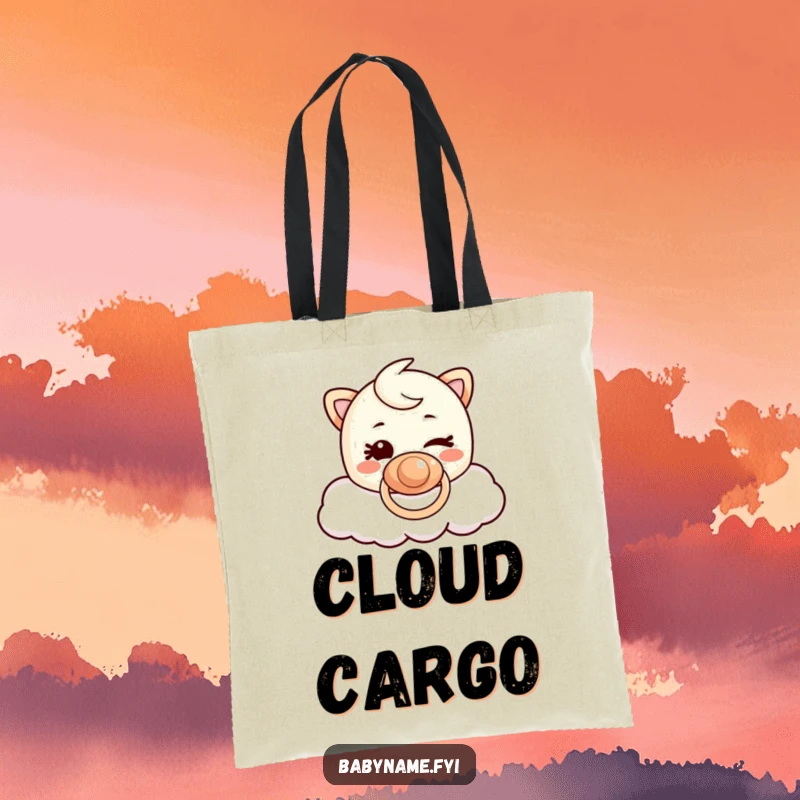 Funny Pacifier Cloud Tote Bag: Mischievous winking pacifier character floating on a cloud, ready to carry your items.