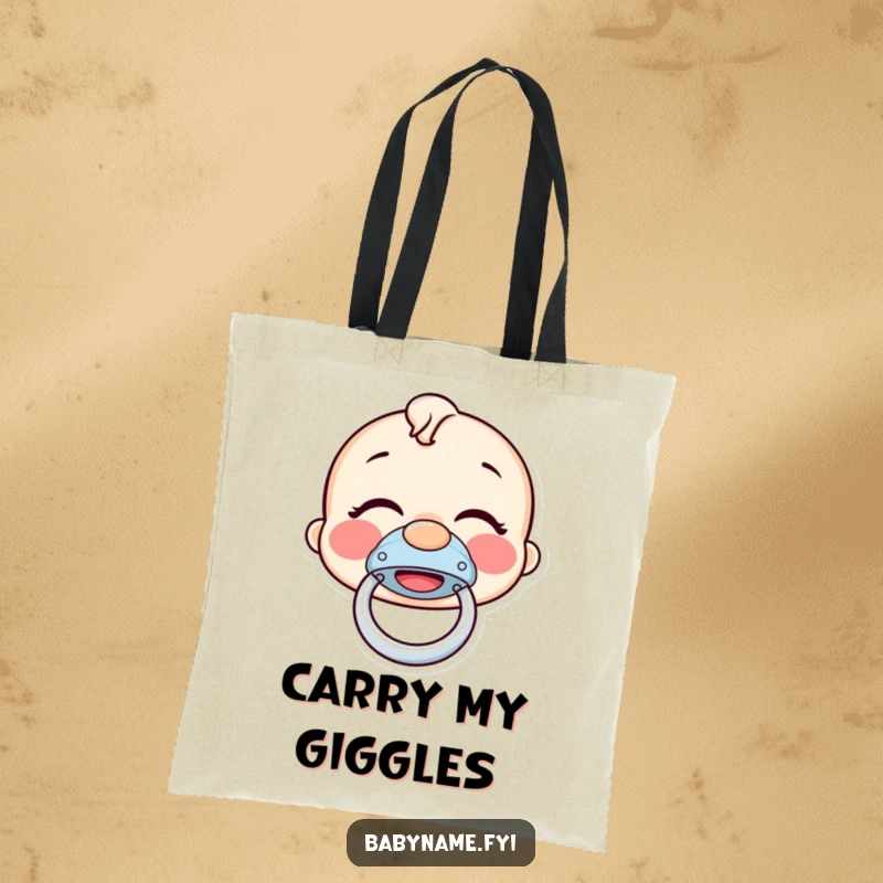 Funny pacifier tote bag with a giggling pacifier bouncing happily, a humorous and practical accessory for everyday use.