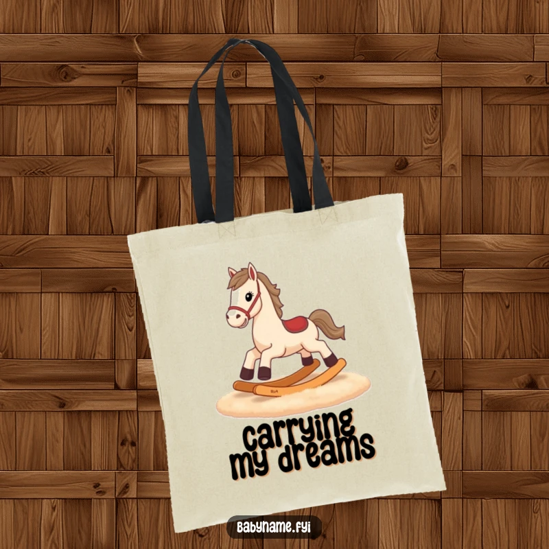 Funny rocking horse tote bag, stylish accessory with tiny legs trying to gallop, showcasing effort and humor.