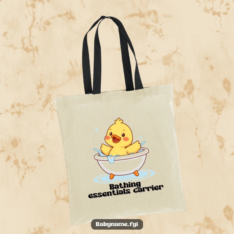 Funny rubber duck character joyfully splashing water in a tiny bathtub, showcased on a durable and funny tote bag.