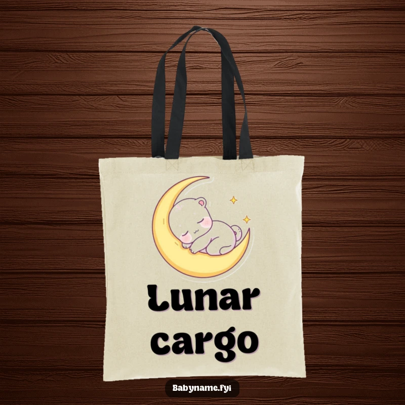 Funny tote bag showcasing a sleepy baby animal character snuggled inside a crescent moon, a charming and whimsical accessory.