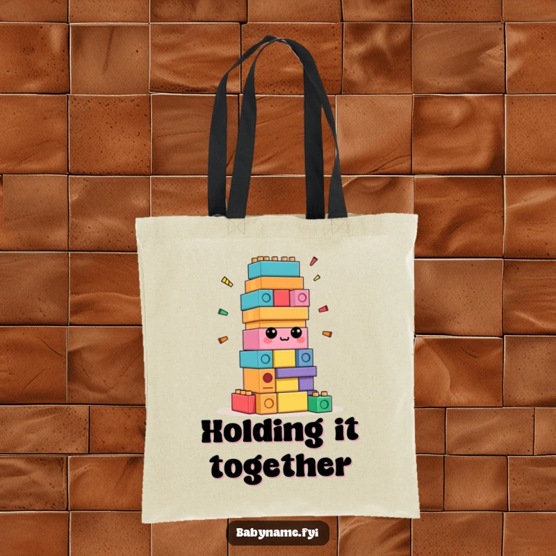 Funny confused building blocks tote bag, sturdy bag with blocks attempting self-assembly, showcasing lighthearted bewilderment.