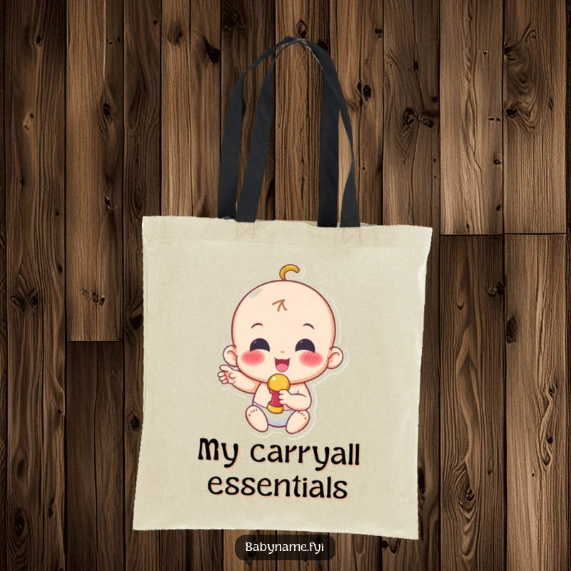 Funny tote bag with a cheerful baby character energetically waving a rattle, ready for a day of fun.