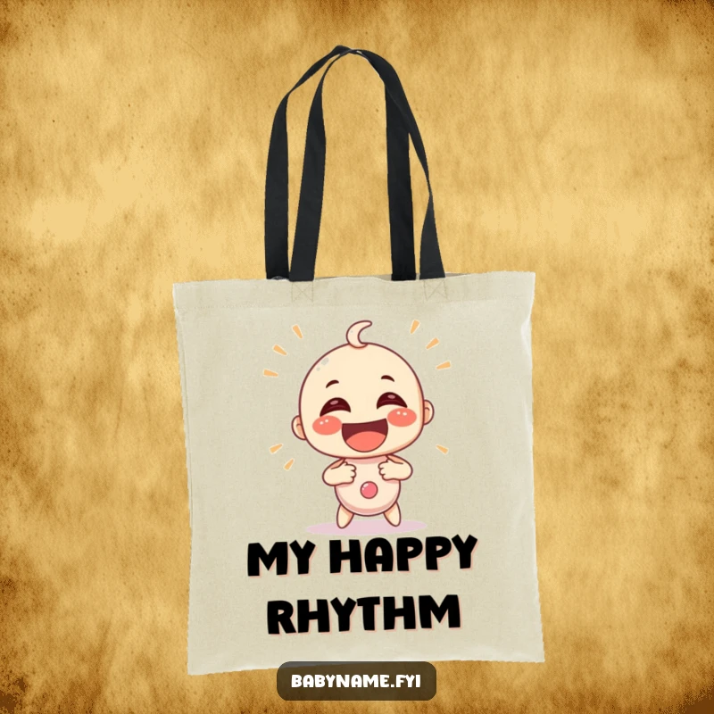 Funny baby rattle character shaking energetically with glee, displayed on a practical tote bag. A humorous and useful accessory.