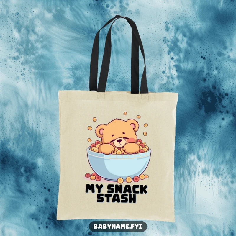 Funny tote bag with a chubby teddy bear character attempting to nap inside a huge, overflowing bowl of cereal.
