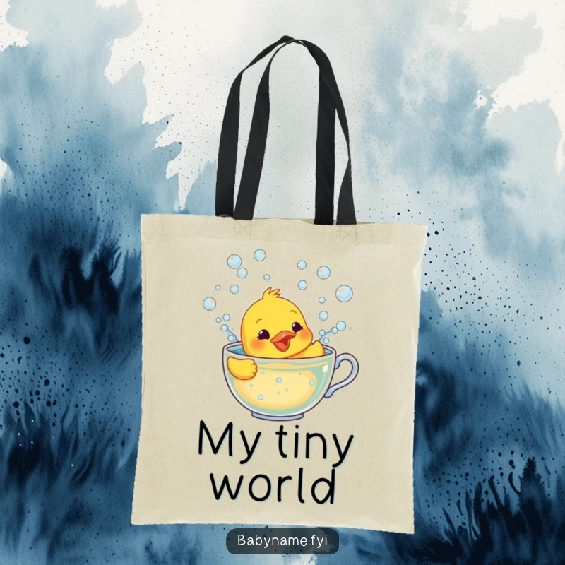 Funny tote bag with a smiling rubber ducky character frantically swimming inside a teacup full of frothy bubbles.