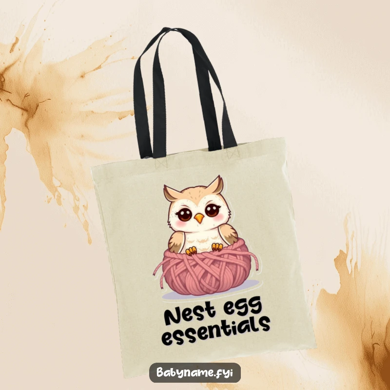 Funny baby owl tote bag with a cute owlet peeking from a fluffy knitted nest, perfect for errands and smiles.