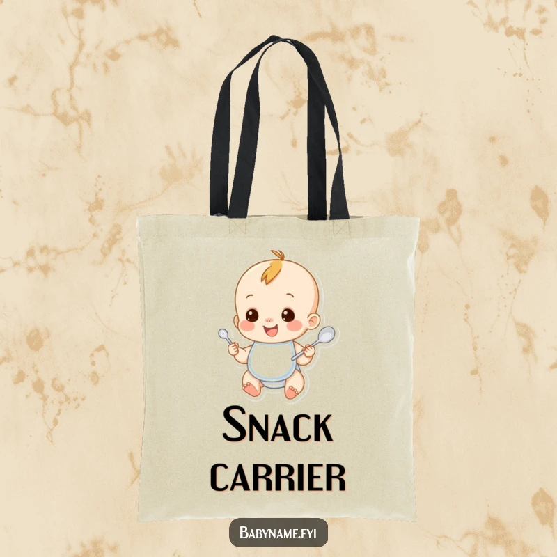 Funny baby tote bag with a smiling baby character wearing a bib and holding a spoon. A charming and humorous accessory for parents.