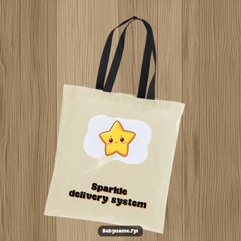 Funny star character leaving a sparkling trail of glitter across a dark sky, showcased on a durable and humorous celestial tote bag.
