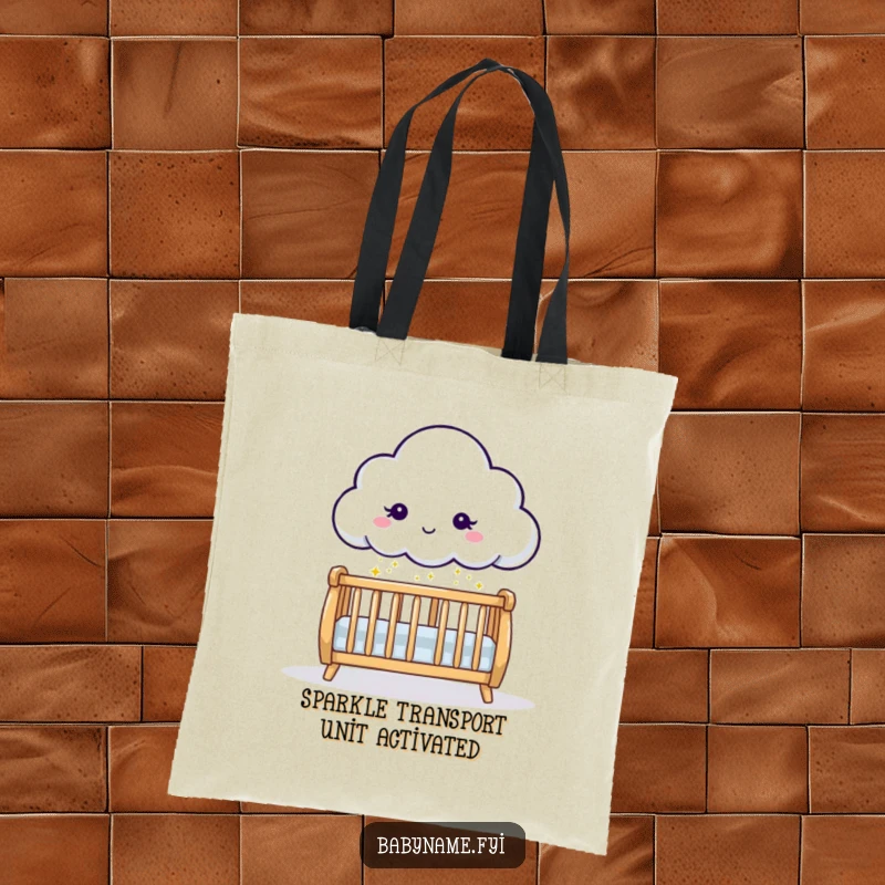 Funny cloud character sprinkling gentle sparkles onto a crib, presented on a durable tote bag, a perfect baby shower gift.