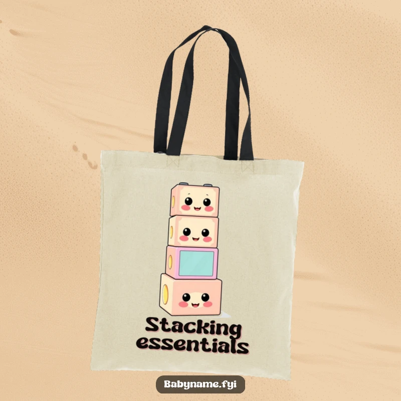 Funny building block tote bag featuring a cheerful, precariously stacked block character, symbolizing playful organization.